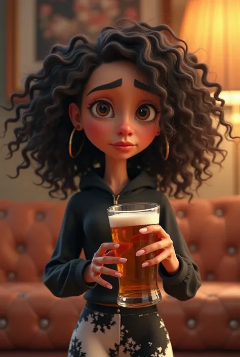 Pixar-inspired 3d poster capturing a scene with a 29-year-old woman with curly hair on her shoulder in black, cropped eyes, black Corinthians' cropd and black and white pants holding a glass of beer with an irritated face.