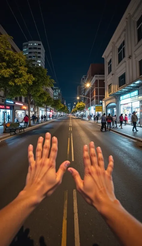 POV: The camera shows your first-person perspective, with your hands in front of you now you are in Greater São Paulo in Brazil and walking along the sidewalk at night, you can see benches to sit on and some stores along the sidewalk, lit by power poles, a...