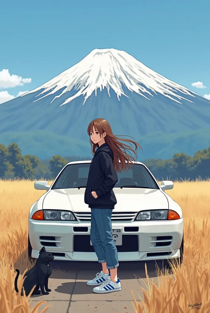 This is a stunning semi-realistic anime-style digital illustration featuring a young woman standing beside a white sports car, possibly a Nissan Skyline GT-R, with Mount Fuji in the background. She is wearing a black hoodie, blue jeans, and white Adidas sn...