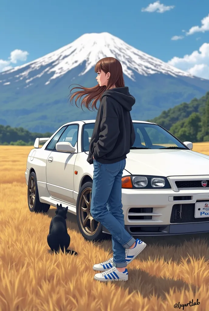 This is a stunning semi-realistic anime-style digital illustration featuring a young woman standing beside a white sports car, possibly a Nissan Skyline GT-R, with Mount Fuji in the background. She is wearing a black hoodie, blue jeans, and white Adidas sn...