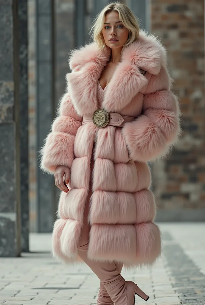 Rich beautiful gorgeous lady in blonde short hair, blue eyes. She wears a belted huge giant heavy massive gigantic oversized big thick long haired colobus monkey coat. And wears a light pink gloves. And wears a light pink high heeled boots.