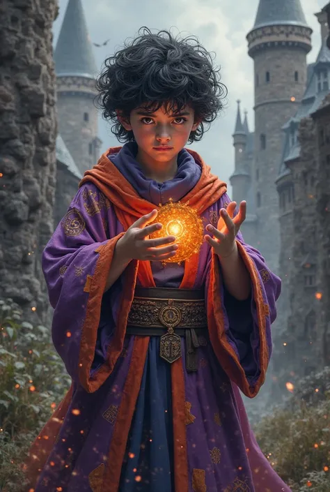 a young wizard of the medieval era with black and frizzy hair wearing purple and orange clothes