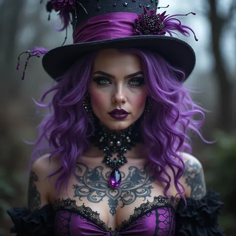 Mad hatter real woman, purple hair , sexy , tattoos 