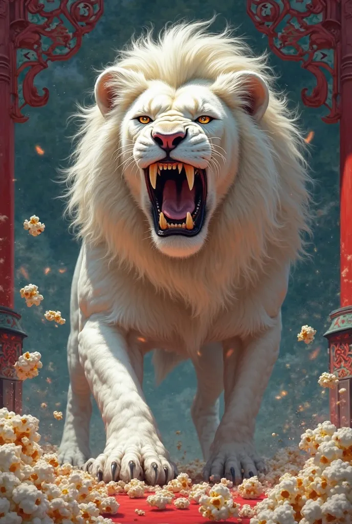 Lion blanc rugissement rage popcorn face décor asie