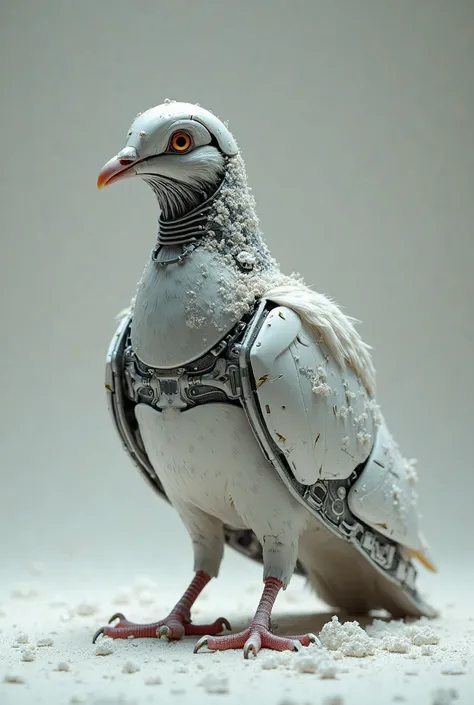 a pigeon that is half droid and has white powder on it