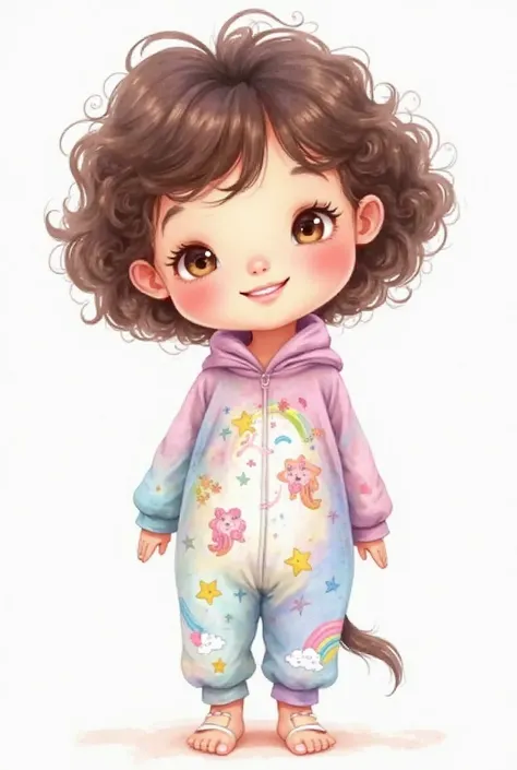 "A watercolor illustration of a smiling woman of approximately ,  with short curly hair , chubby and expressive cheeks, bright eyes and clear skin. She must have a round face and an air , capturing the innocence and natural joy of hood. A is wearing a cute...