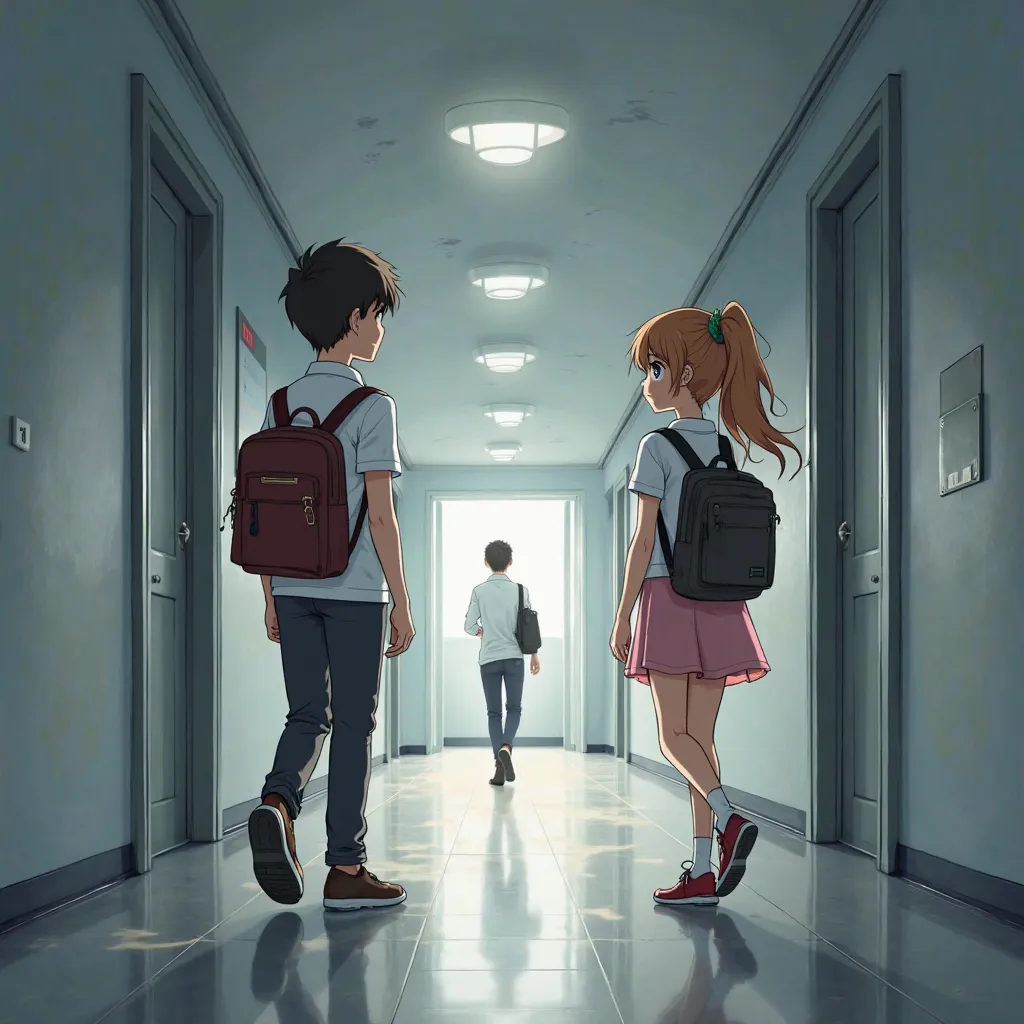 an anime-style image where A boy and a girl walking in corridor, each of them having backpack and professor walking in front of them. The camera angle should be such that we are able to see the side view of them facing each other and professor in front of ...