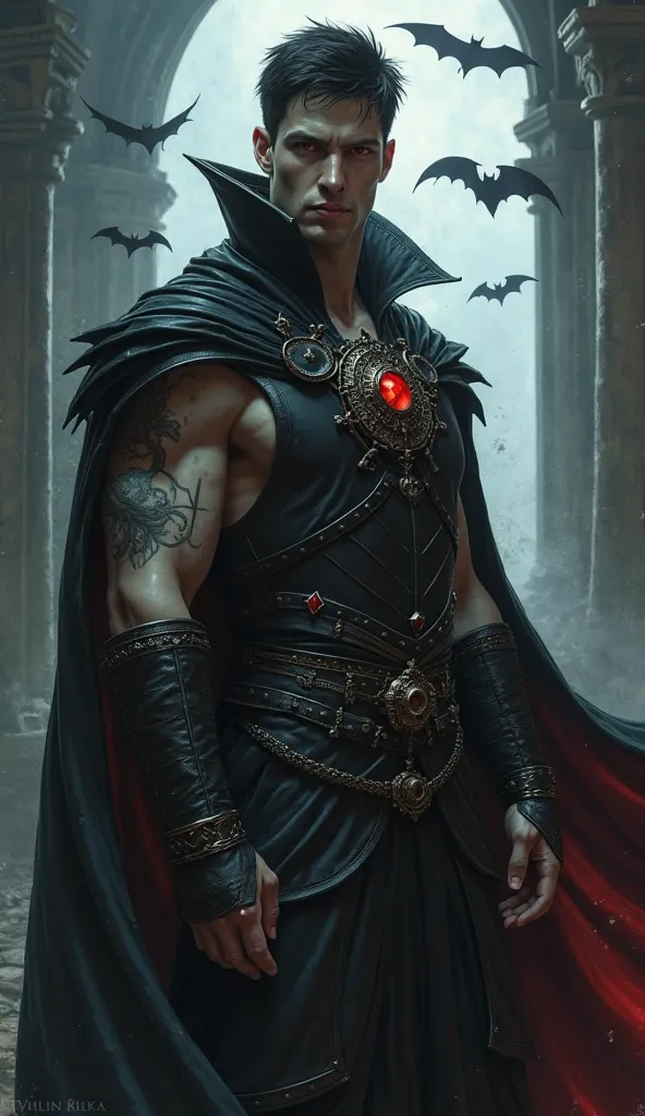 man, strong, Muscular,  short hair, red eyes, beautiful, beautiful,  tattoo on the arm , vampire class, rpg, vampiro, wizard, Horrified Man, in a medieval vampire castle, masculino e strong, muscular male hero , atraente macho Muscular, características mas...