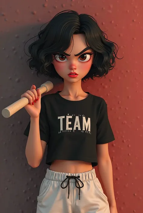 Pixar-inspired 3d poster capturing a scene of a 29-year-old woman with short curly black hair with an angry face, tight eyes, facial features of an Asian black top with the name team of the real black and white sweatpants with the with a club in her hand