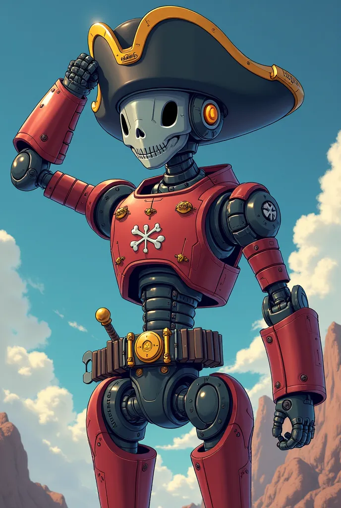 A robot, anime style.
His personality is comical, he is funny and sometimes annoying, But at the time of the action, he is always someone who can be counted on.
He is part of the space pirates, he walks with a sword on a belt around his waist, to better su...