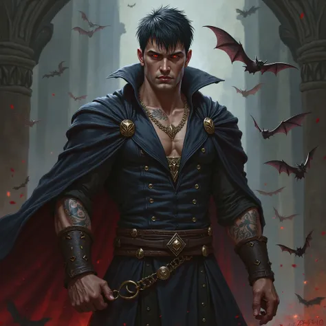 man, strong, Muscular,  short hair, red eyes, beautiful, beautiful,  tattoo on the arm , vampire class, rpg, vampiro, wizard, Horrified Man, in a medieval vampire castle, masculino e strong, muscular male hero , atraente macho Muscular, características mas...