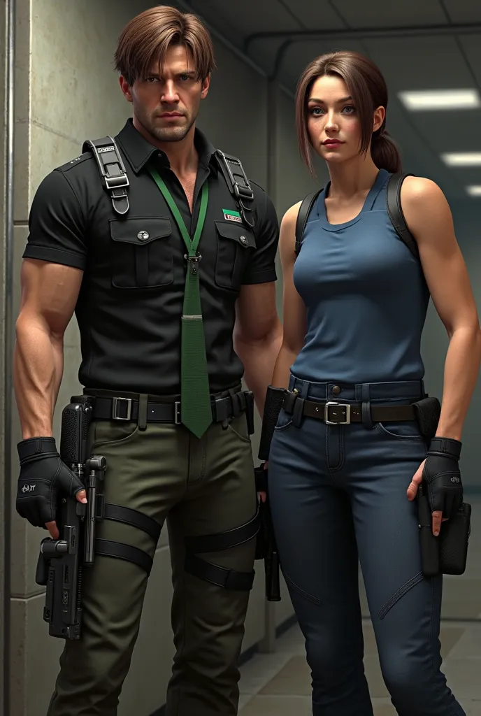 Chris Redfield wearing a black shirt with a green tie and a holster armed with an assault rifle along with Jill Valentine who wears a blue sleeveless shirt with a holster and a gun in his hand