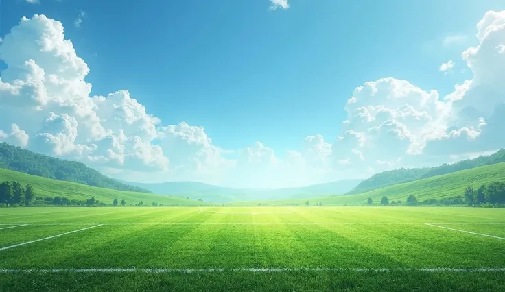 Create the image of a very beautiful lawn and sky I want the grass to be from a soccer field in a beautiful final image