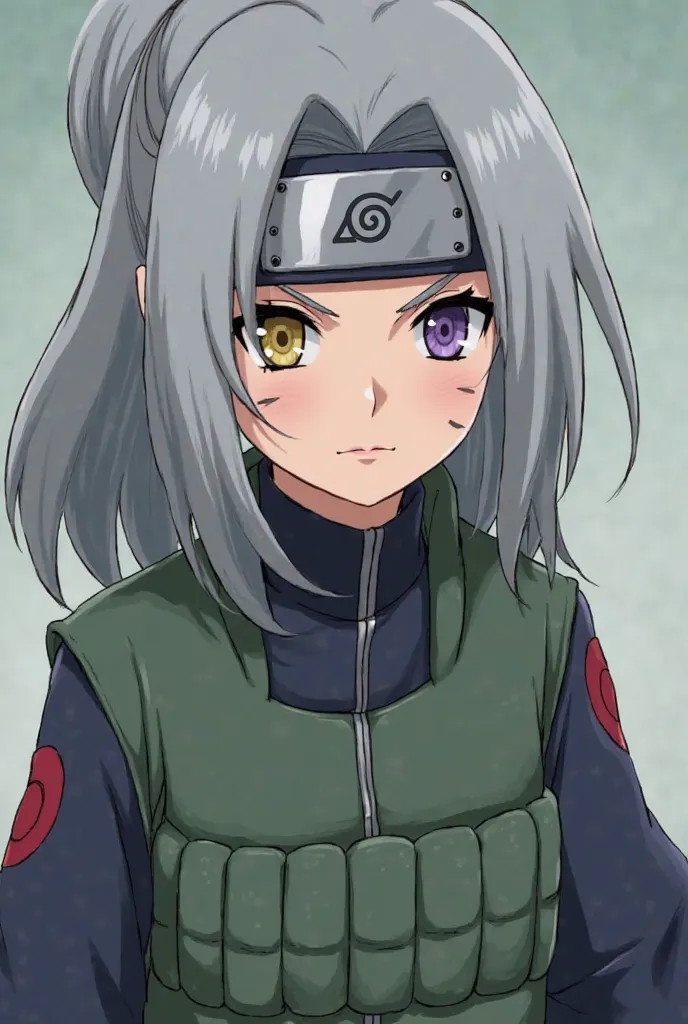 Shinobi from Hidden Leaf Village is dressed in a dark blue uniform and a green chunin vest, on forehead Konoha protector, has dirty grey hair with bangs on the right side of her face, purple right eye, amber left eye, lip tip scar, other ear