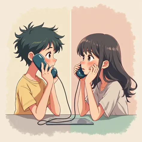 An anime-style image where a boy and a girl talking on phone for the first time.  The image should be divided into two parts one of the boy and one of the girl.