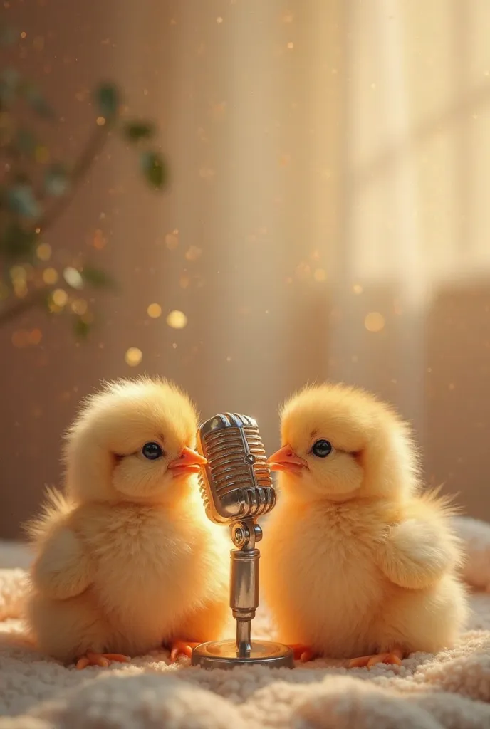 Here is a detailed prompt:

  "Two very cute and fluffy chicks, sitting side by side in a cozy and warm environment. In front of them is a beautifully designed vintage-style microphone, softly glowing. The chicks' big, innocent eyes and small mouths are op...