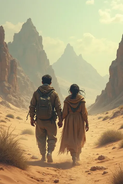 A couple is walking in the middle of a desert and there are mountains and things are terrible 
With the name of the novel The Traveler by Kassem Mohamed, it appears to all