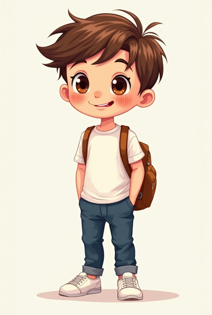  A boy ,  Brown-haired ,  with a natural glow .  Her eyes are large and expressive brown ,  reflecting joy and curiosity . He wears a simple white t-shirt, but stylish, some navy blue pants and clean white sneakers. on the back,  carrying a backpack , matc...