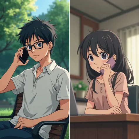 A split image of an anime-style medium shot of a boy and a girl. The boy is in a park , sitting on a bench and holding a smartphone to his ear. He has dark hair, wears glasses, and has a serious expression. The girl is in room, sitting at a desk and holdin...