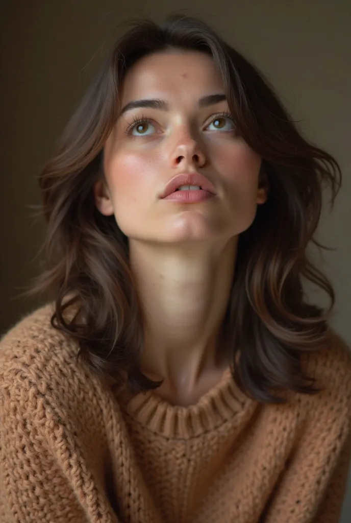 A gentle-looking Romanian woman with shoulder-length dark brown hair, soft facial features, and a slightly flushed expression. She is wearing a cozy, earth-toned sweater and gazes upward with eyes slightly closed, lips slightly parted as if waiting for a k...