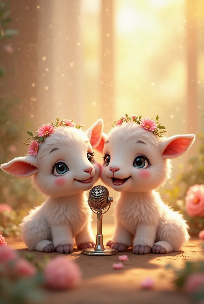 Here is a detailed prompt:

  "Make the picture into 3D animation. Two very cute and puffy baby goats with soft and fluffy skin in the background, a beautiful garden and a crown of flowers on their head, sitting side by side in a cozy and warm environment....