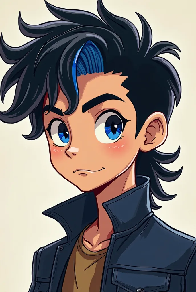 Screenshot The owl house style Chico de 15 años, black hair with royal blue highlights, hair style  "wayv mullet".  navy blue eyes,  light leather balcony. Everything has to be in the drawing style of The Owl House/ The Owl House 