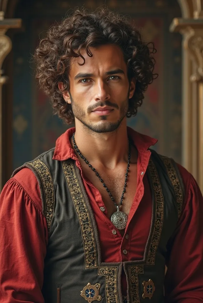 arafed man with curly hair wearing a vest and a necklace, renaissance prince, henry cavill!!!, in a high renaissance style, in a renaissance style, herry cavill, as a medieval fantasy character, in renaissance style, henry cavill, paul atreides, fan art, h...