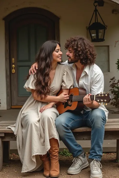 On a wooden bench, a young couple is embracing and looking into each other's eyes, with a rustic house in the background. The woman is plus-size, has very, very long wavy brown hair with bangs, and is wearing a long, flowing linen dress with puffed sleeves...