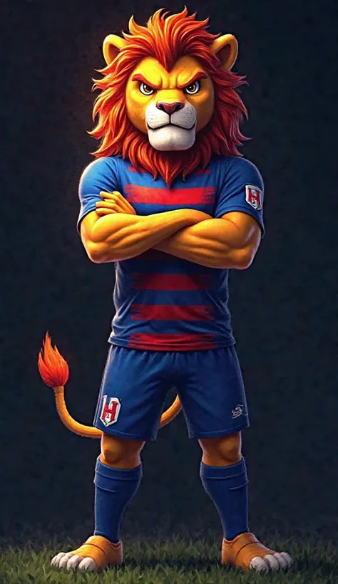 
A digital illustration of a lion mascot for a soccer team, featuring a fierce expression. The lion is standing with arms crossed, exuding power, and wearing a uniform with a horizontally striped red, blue, and white jersey, blue shorts, and blue socks. Th...