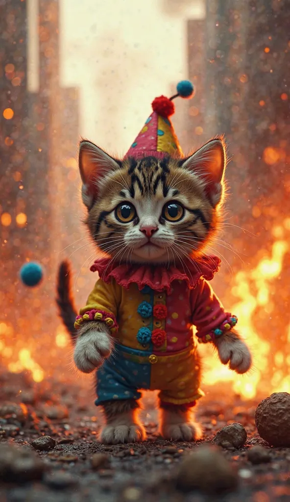 kitten in a Alerquina outfit, in a city on fire