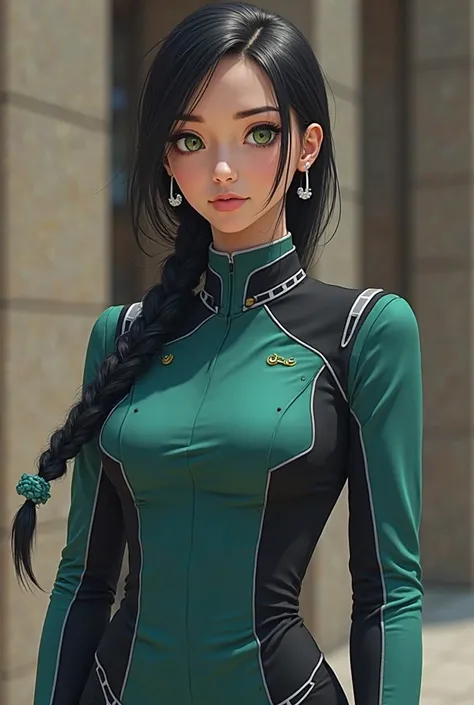 female with bright green eyes and black hair wearing a teal and black uniform like for an academy, her hair has braids in it. Her build is slim but athletic