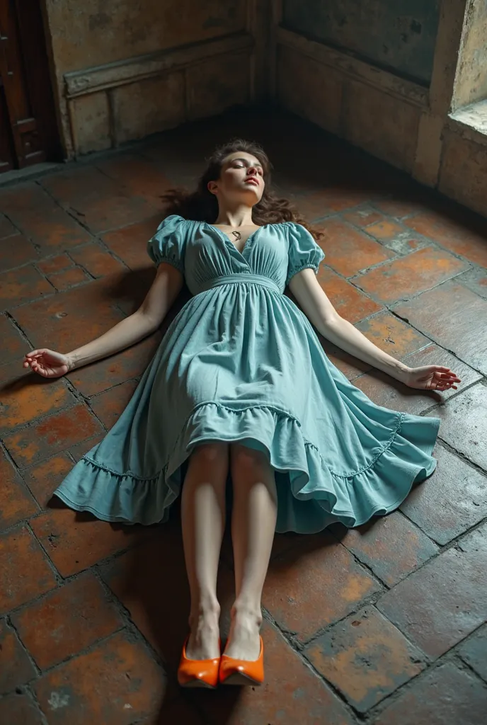 24years old japanese english mixed'beauty dead body is lying on a floor of castle.(neck has two hole of vampier tooth:1.2).light blue middle ages omaged dress. skirt is short length. middle orange pumps.full body shot
