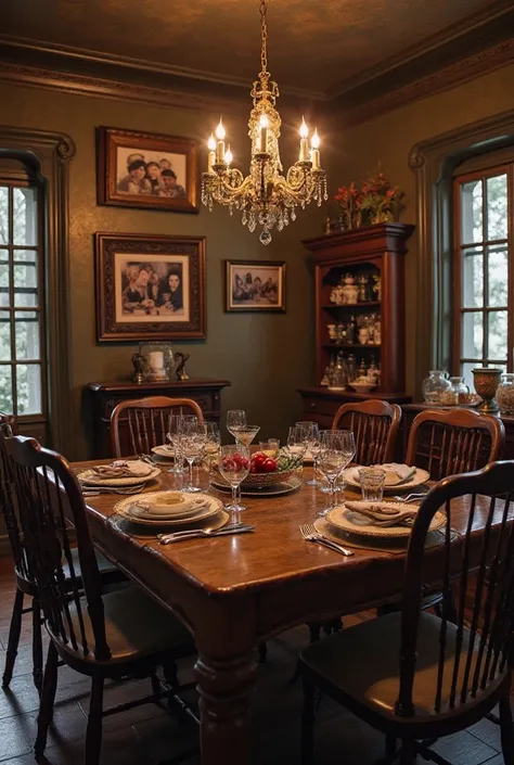 the dining room is cozy but slightly more formal, reserved for family meals or when friends come over. the table is made of dark wood, polished and gleaming under the soft light from the chandelier hanging overhead. the walls are decorated with framed phot...