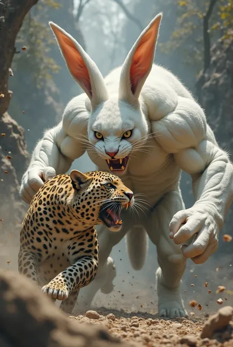 A white giant muscles  rabbit attacking the leopard 