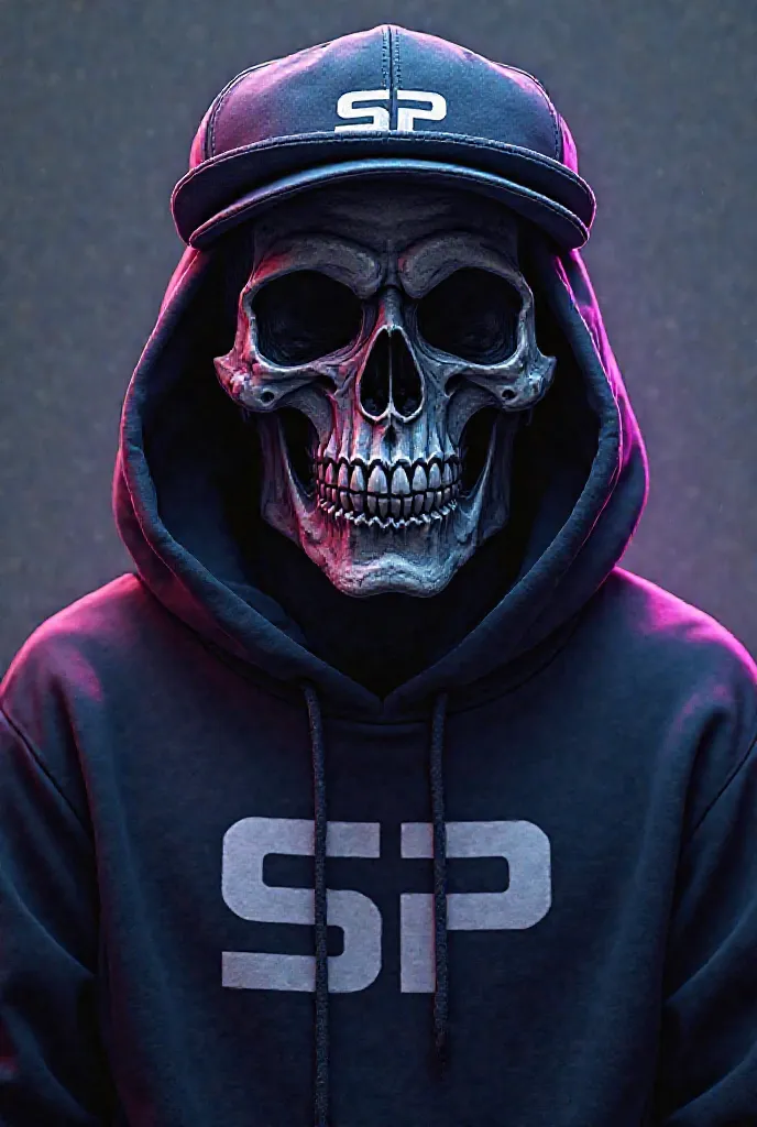 Create a Skull, have a flat cap and a Hoddie using black as a base and blue and purple, The clothes must have the initials SP, Video game theme. 