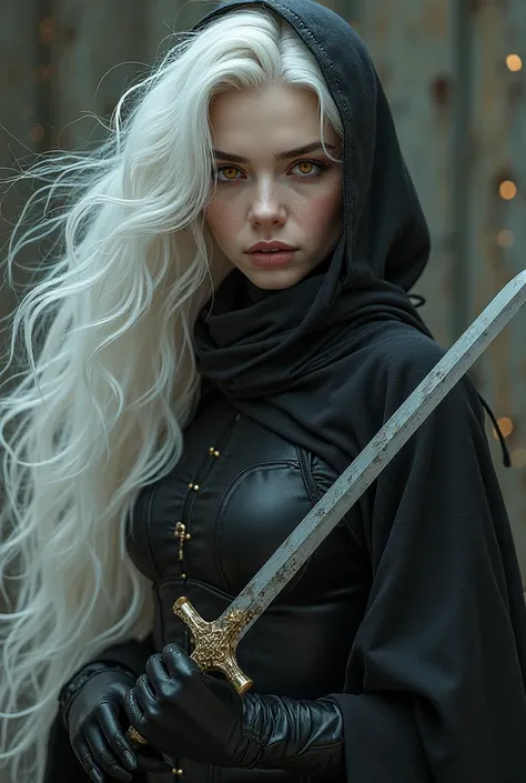 beautiful woman, Albina with wavy and long white hair, Do you have golden eyes ,  unparalleled beauty . She's a murderer wearing black leather clothes with a cape and hoodie,  carrying two swords.