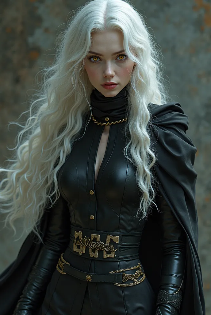 beautiful woman, Albina with wavy and long white hair, Do you have golden eyes ,  unparalleled beauty . She's a murderer wearing black leather clothes with a cape and hoodie,  carrying two swords.