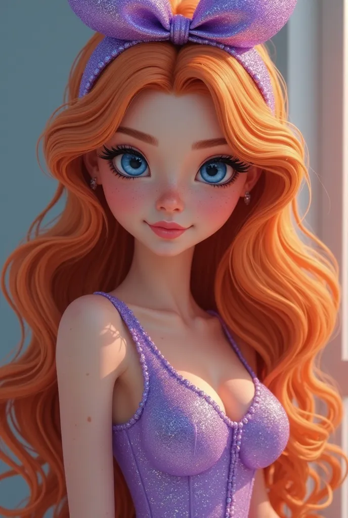 It generates the image of a girl of about ,with long bright and wavy orange hair. The girl must have a little tight dress Lilac with glitter. The girl must have a nice physique,Blue eyes and long lashes. she must have freckles and a purple bow with glitter...