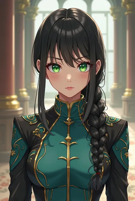 female with bright green eyes and black hair wearing a teal and black uniform like for a royal academy, her hair has braids in it. Her build is small but athletic, and make the style anime based 