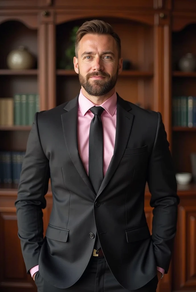 Tall and strong handsome white man with short brown hair and short beard in a black suit with a pink shirt with a white shirt collar with a black tie in his office