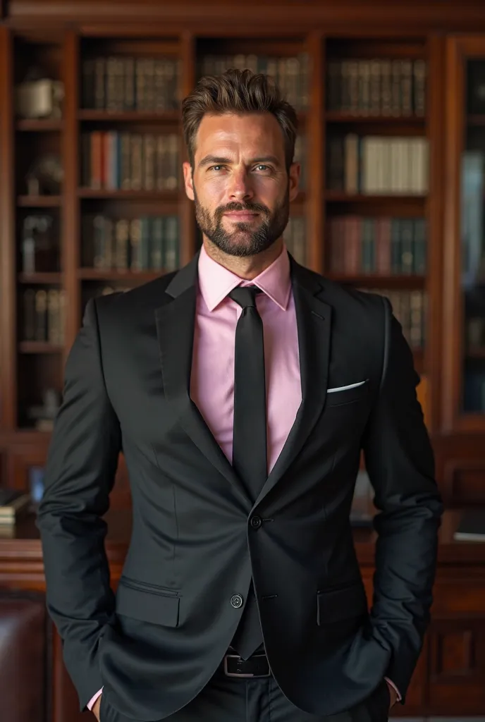 Tall and strong handsome white man with short brown hair and short beard in a black suit with a pink shirt with a white shirt collar with a black tie in his office