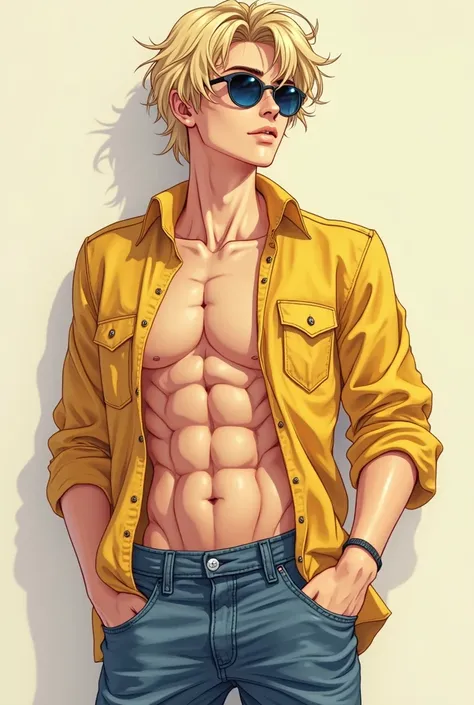 17-year-old Brazilian male teenager in anime style, straight blond hair,  blue eyes, Very beautiful and sexy tasty and perfect, cracked abdomen , Brazilian clothes yellow shirt with jeans, sunglasses ,Bottomless