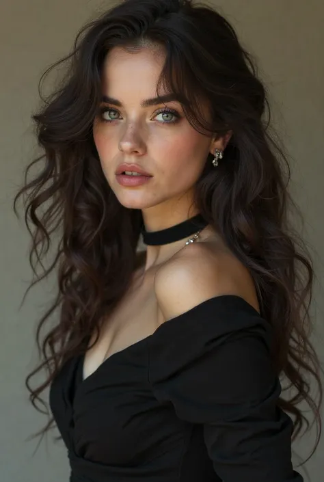 arafed woman com cabelo longo e cacheado wearing a black dress, um retrato de Emma Andijewska, tumblr, process art, retrato sophie mudd, Mulher linda e deslumbrante, mulher linda, retrato de barbara palvin, Curly Dark Hair, usando um choker preto, linda mo...