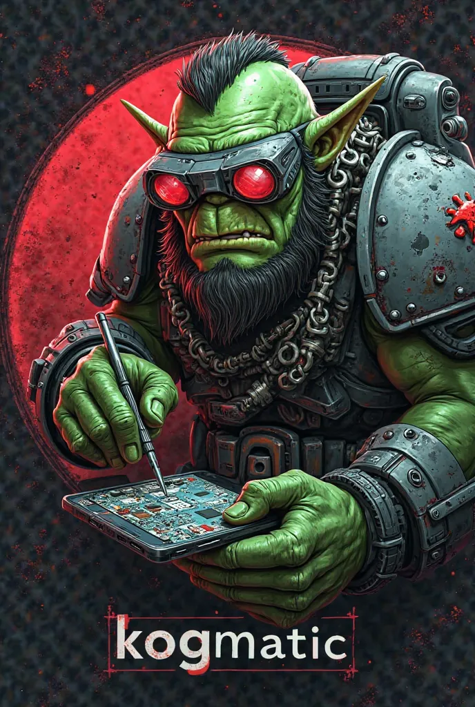 
> **"Create a profile picture for Instagram featuring a green-skinned Ork from Warhammer 40k. The Ork should look smart and tech-savvy, wearing tech goggles and holding a precision screwdriver in one hand and a disassembled smartphone in the other, showin...