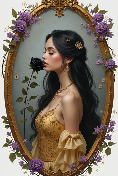 Create a highly detailed hyper realistic art of full body young woman with long black hair, side view, wearing a golden dress adorned with intricate floral designs and jewels. she should be kissing a black rose and be framed by an ornate oval frame decorat...