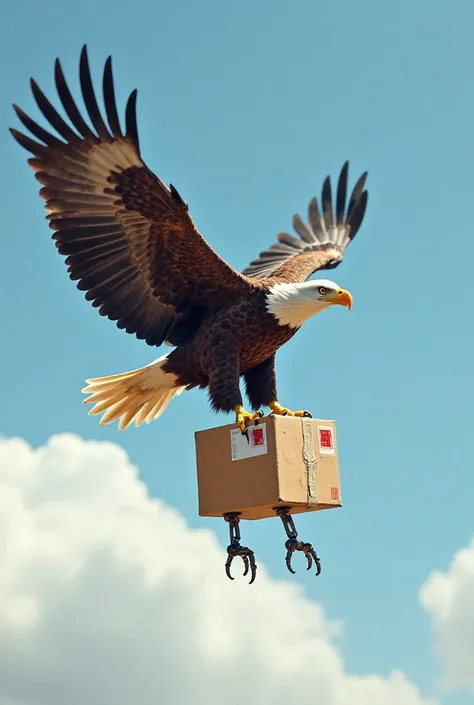 **Prompt:**  
"Hyper-realistic photo of a bald eagle in mid-flight, soaring through a clear blue sky with soft cumulus clouds. The eagle grips a small weathered cardboard box in its talons. The box has four thin, mechanical robotic legs (like a walking pac...