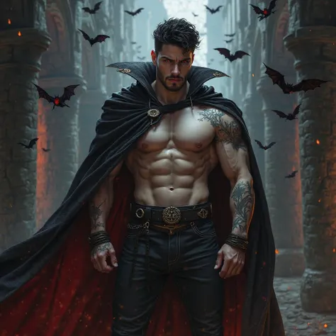 
man, strong, Muscular,  short hair, red eyes, beautiful, beautiful,  tattoo on the arm , vampire class, rpg, vampiro, wizard, Horrified Man, in a medieval vampire castle, masculino e strong, muscular male hero , atraente macho Muscular, características ma...