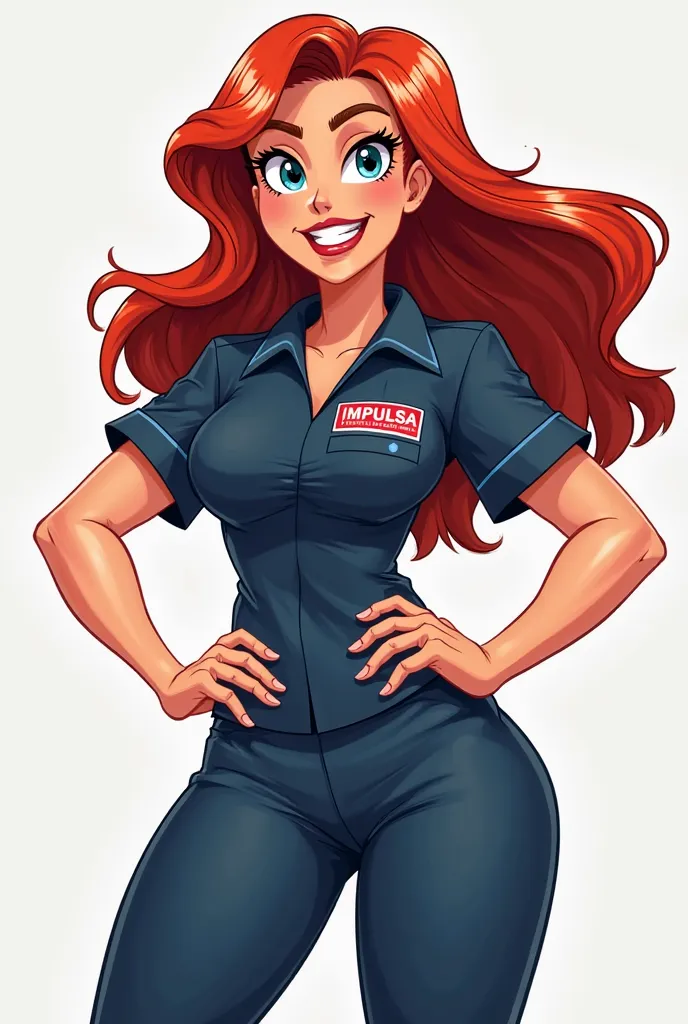 nurse in cartoon, With long strong red hair, wearing a dark blue uniform of pants, On the shirt there is a logo that says impulsa