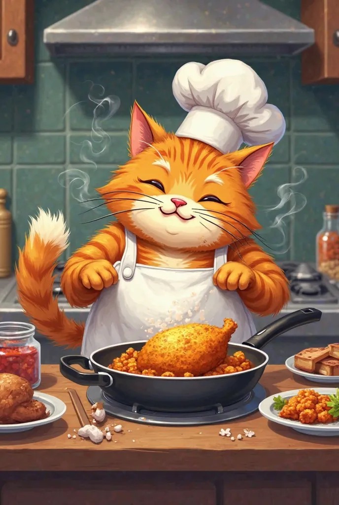 A fat cat cooking a fried chicken 