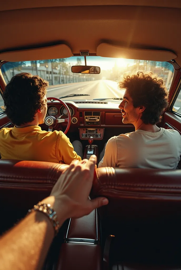 First-person view of a hand holding the front seat, with the arms visible in the perspective of Freddie Mercury sitting in the back seat of a classic car. Beside him, Brian May is visible, with his iconic voluminous hair and a relaxed smile, looking at Fre...